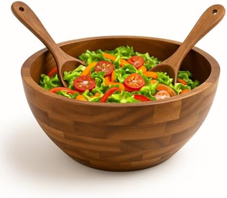Shalinindia Large Acacia Wood Salad Bowl Set with Utensils, 12.5 In