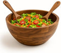 Shalinindia Large Acacia Wood Salad Bowl Set with Utensils, 12.5 In