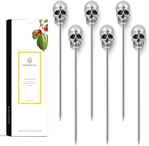 Homestia 6 Pcs 4.6'' Metal Cocktail Martini Picks, Halloween Skull