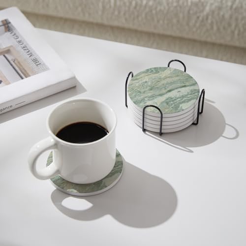 Set of 6 Sage Green Abstract Onyx Marble Coasters with Holder