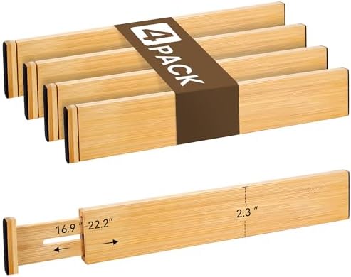 Adjustable Bamboo Drawer Dividers of 4, Expandable Organizers (16.9"-22.2")