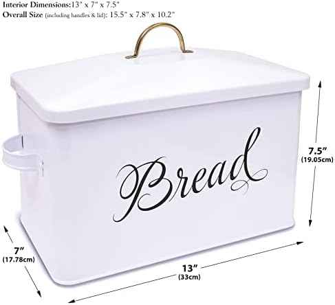 Better Kitchen Products Classic Metal Bread Box with Side Handles, Large Capacity (2 Bread Loaves), Farmhouse Bread Bin for Kitchen Countertop, Steel Bread Storage Container with Lid, White
