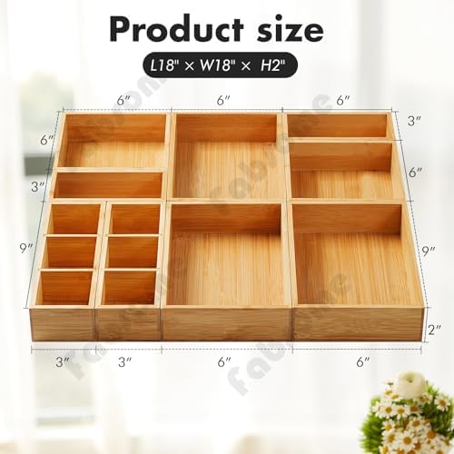 Fabsome Drawer Organizer, Set of 9 Bamboo Wood Kitchen Makeup Desk
