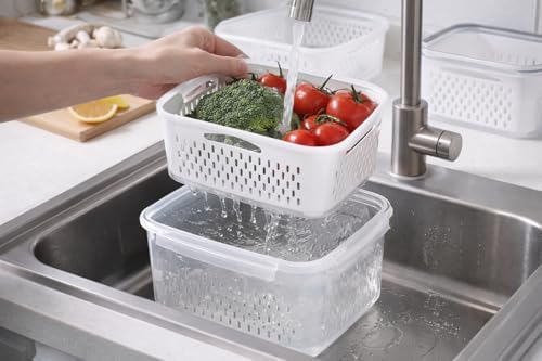 Stackable Food Storage Containers with Drain Basket, BPA-Free Produce