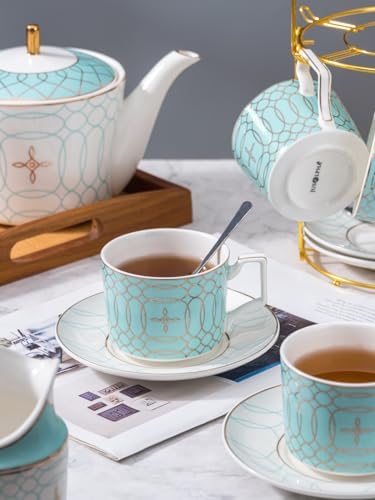 Serve of 4-Blue Teacup Set, with Teapot-Sugar Bowl-Creamer and Holder