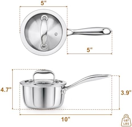 Mini Sauce Pan with Lid, Tri-Ply Stainless Steel Pot with Stay-Cool