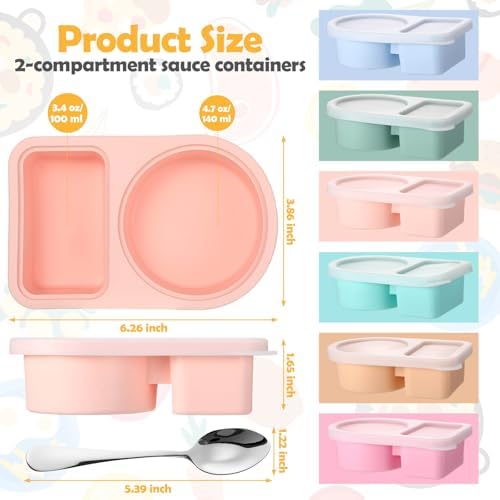 6 Pack Silicone Snack Boxes, 8 oz Dual Compartment, Not Foldable