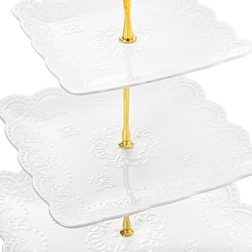Tebery 2 Pack 3-Tier White Ceramic Embossed Dessert Cake Tower Stand