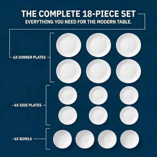 Corelle Vitrelle 18-Piece Service for 6 Dinnerware Set Triple Layer Glass and Chip Resistant, Lightweight Round Plates and Bowls Set, Winter Frost White