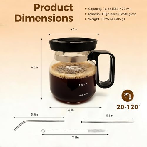 16 Oz Glass Coffee Pot Mug, Heat Resistant Clear Cup with Handle &