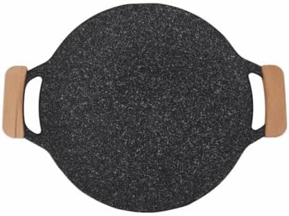 Round Korean Grill Pan, 30cm Nonstick Stone-Like Coated Iron BBQ Griddle with Wooden Handles for Home Camping Cooking