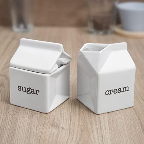 Ceramic Sugar and Creamer Set, Milk Carton Shaped White Cream Jug and