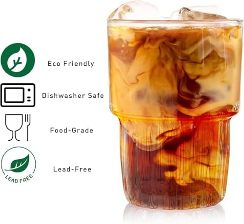 DEAYOU 8 Pack Drinking Glasses Set, 11 OZ Clear Striped Iced Tea Water