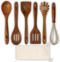 6-Piece Natural Teak Kitchen Utensil Set with Linen Bag