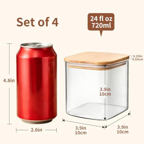 4-Pack Square Glass Containers with Bamboo Lids, 24 fl oz