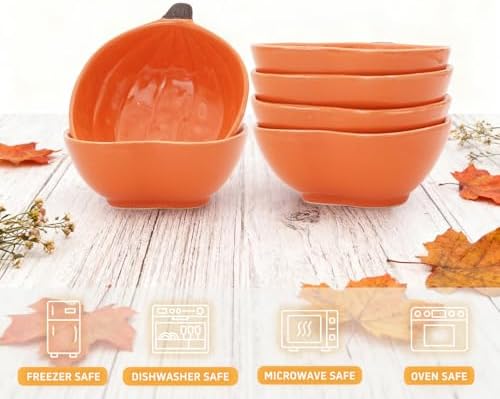 Orange Pumpkin Bowls Spoon, 6 oz Fall Ceramic Ramekins, Set of 6