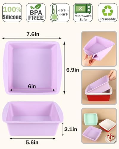 6 inch Square Cake Pans, Non-stick Silicone Baking Pan, Cake Molds for