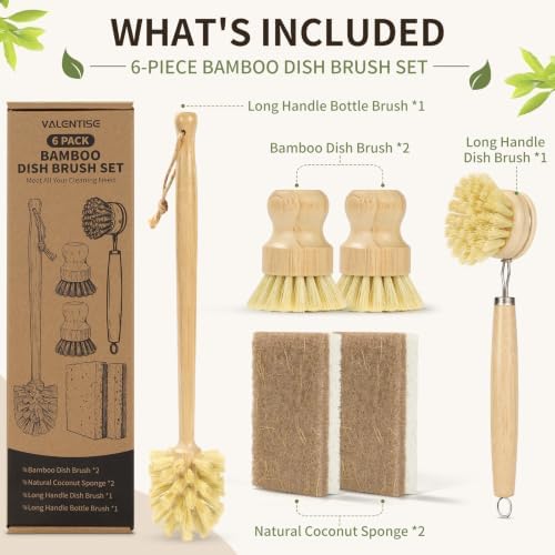6 Pack Bamboo Dish Brush Set, Natural Dish Brush with Long Handle