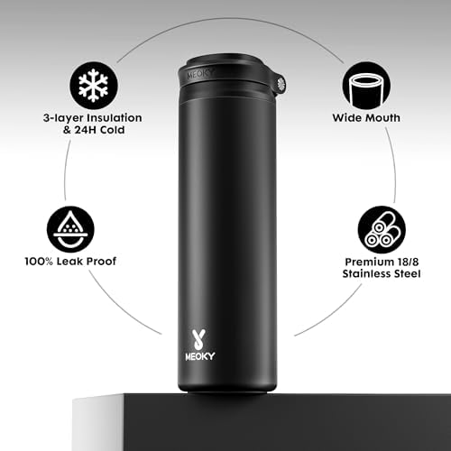 Meoky 24 oz Insulated Water Bottle: Flip-to-Pop Straw, Leak Proof, 24H