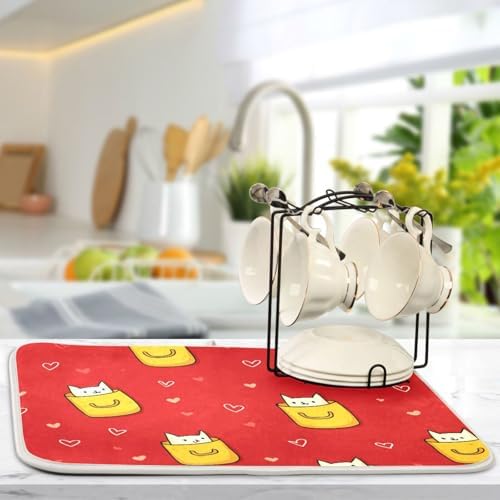 OTVEE Cartoon Cat Pattern Dish Drying Mat for Kitchen Counter