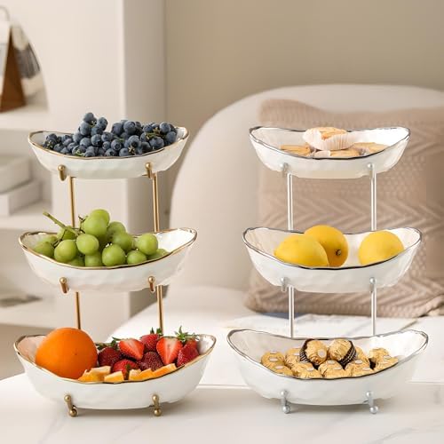 White Fruit Bowl with Silver Metal Stand, 2 Tier Modern Ceramic Fruit Bowl Fruit Rack for Kitchen Counter, Tiered Fruit Basket for Snacks Bread Candy Storage (White B,2 Tier)