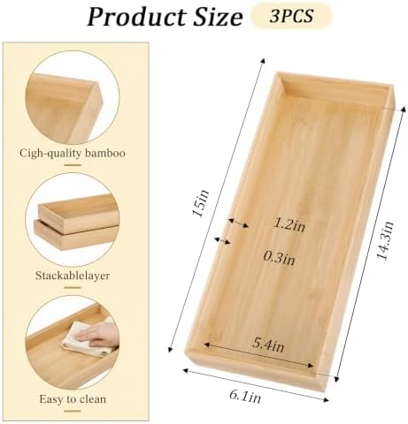 3 Pcs 15x6 Inch Bamboo Drawer Organizer Stackable Utensil Tray For