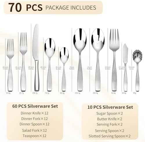 70 Piece Stainless Steel Silverware Set for 12 with 2 Serving Utensils