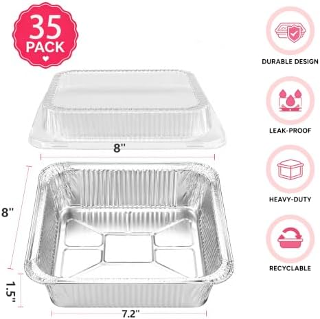 35 Pack 8x8 Aluminum Foil Pans with Lids - Silver Disposable Square