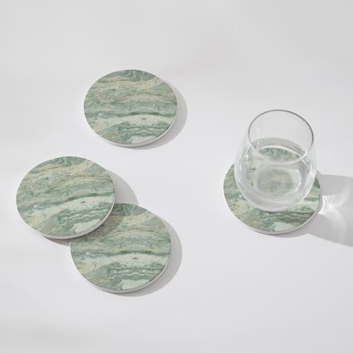 Set of 6 Sage Green Abstract Onyx Marble Coasters with Holder