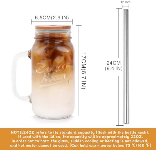ANOTION Mason Jar with Lid and Straw, 24 oz Regular Mouth Mason Jars