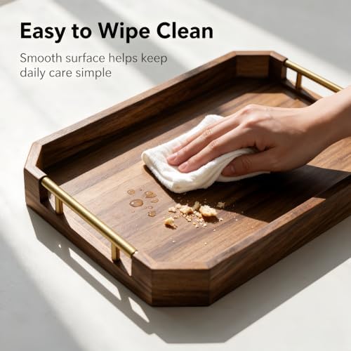 Wooden Serving Tray with Metal Handles, Acacia Wood Rectangular