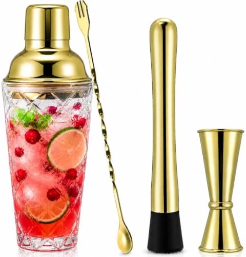 WUWEOT 4 Pcs Cocktail Shaker Set, Glass Gold Bartender Kit