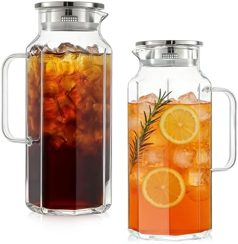 2 Pack 2 Liters/68 oz Octagon Glass Water Pitcher with Lid and Spout