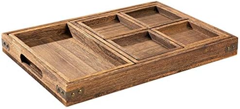 Wood Serving Tray with Handle, Set of 7 Nesting Rectangular Trays for