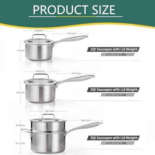 DELARLO Tri-Ply Stainless Steel Saucepan 1QT 2QT 3.5QT Kitchen Pot Set