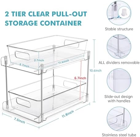 2 Pack Clear Bathroom Organizers and Storage, 2 Tier Pull Out Under