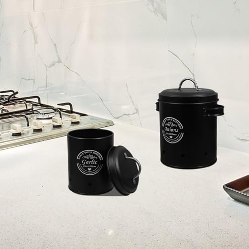 SOLUSTRE 2pcs Black Metal Vegetable Storage Bins with Lid for Potato