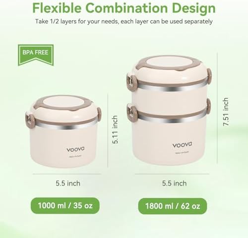 Voova Stackable Stainless Steel Thermal Lunch Box, 2 Tier