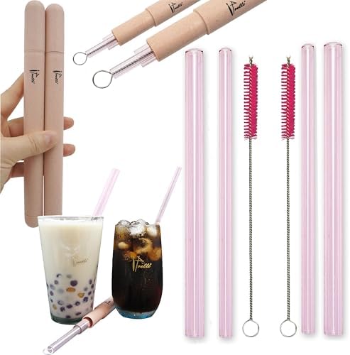 2 Packs Reusable Glass Drinking Boba Straws with Portable Case