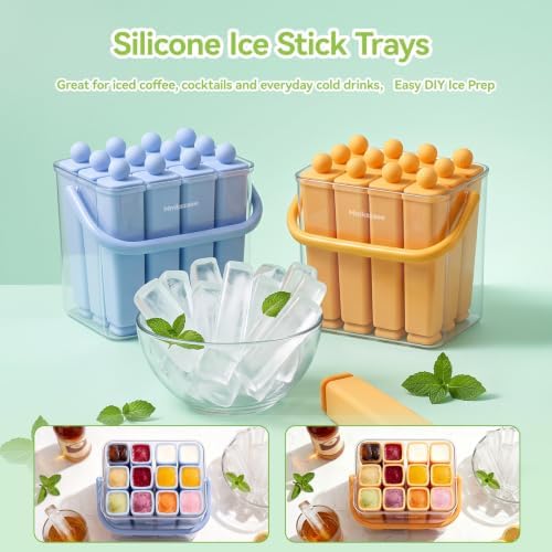 12 Individual Lidded Silicone Ice Cube Trays, Skinny Reusable