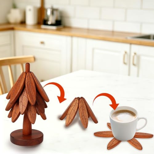 Wooden Trivet Set with Stand, 5 Pcs Tree Leaf Anti‐Slip Pattern Hot