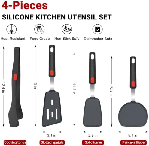 Beijiyi Silicone Spatula Turner and Tongs Set, 4-Piece