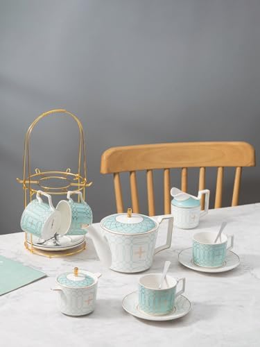 Serve of 4-Blue Teacup Set, with Teapot-Sugar Bowl-Creamer and Holder