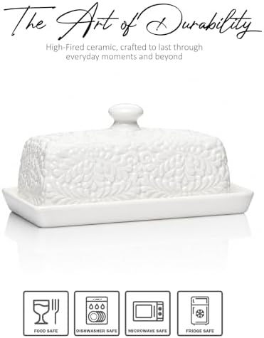 Large Ceramic Butter Dish with Lid, 7.9 x 4.1 x 3.1 Inches, Embossed