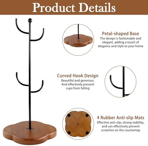 Coffee Mug Holder, Non-Slip 4 Hook Mug Rack, Metal & Wood, Modern &