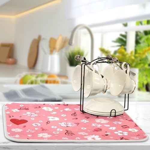 OTVEE Heart Melody Pattern Dish Drying Mat for Kitchen Counter