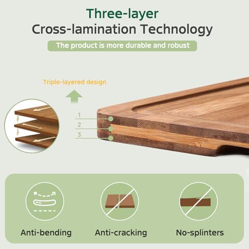 Bamboo Cutting Boards for Kitchen(Set of 3), Wood Cutting Board with