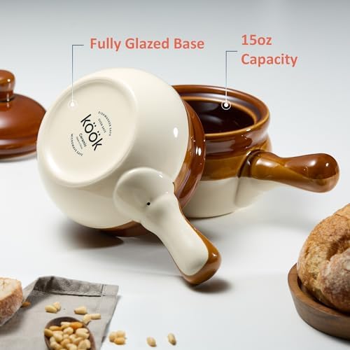 KooK French Onion Soup Crocks, Ceramic Bowls with Lids, Large Handles