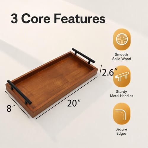 Wooden Serving Tray 20“×8” Black Metal Handles, Decorative Rustic Wood