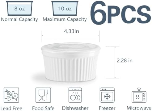 ONEMORE 8 oz Ramekins with Lids, Set of 6 Stackable Ceramic Creme